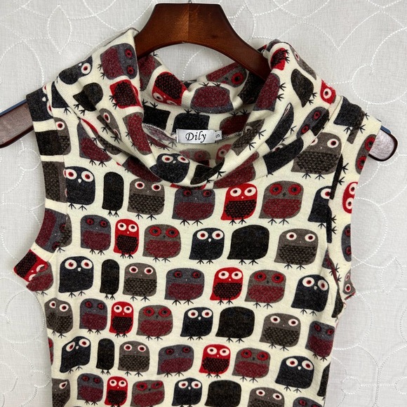 Dily Owl Dress Size Small Multicolor Cowl Neck Pleated Pullover Sleeveless - Picture 4 of 11